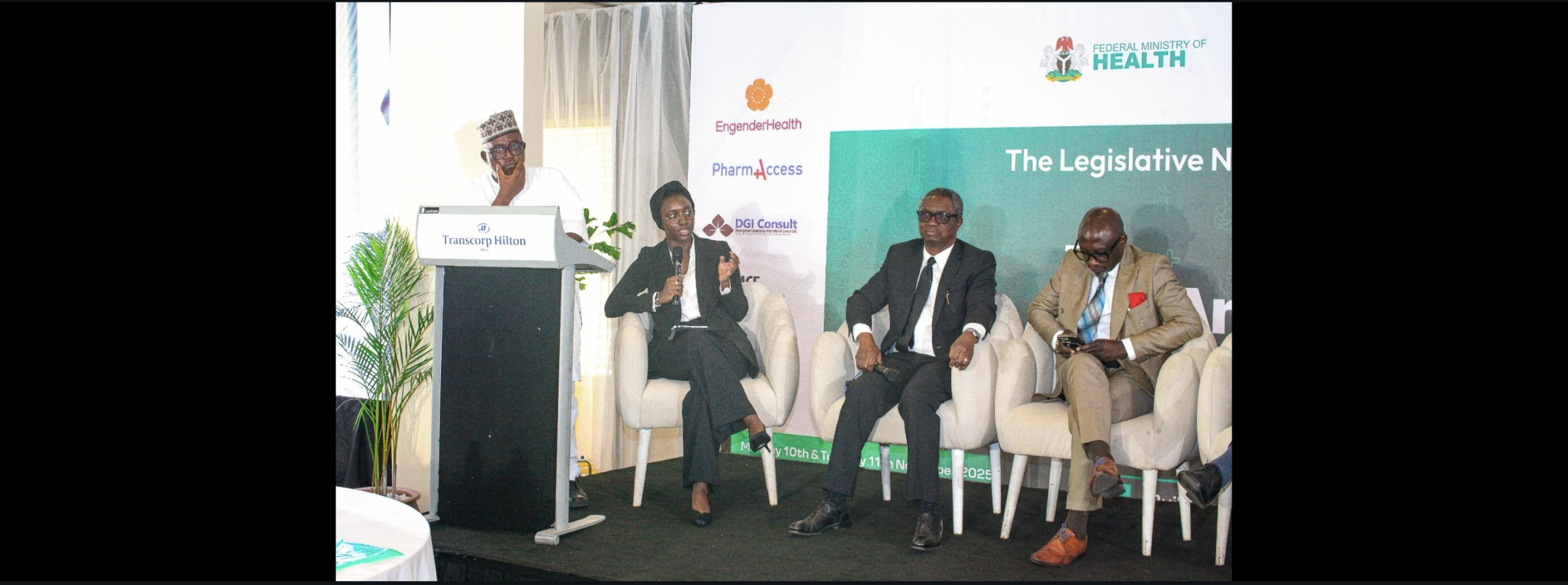 image showing Dr Khadijah Mohammed speaking on a panel at the 6th legislative health summit in Nigeria